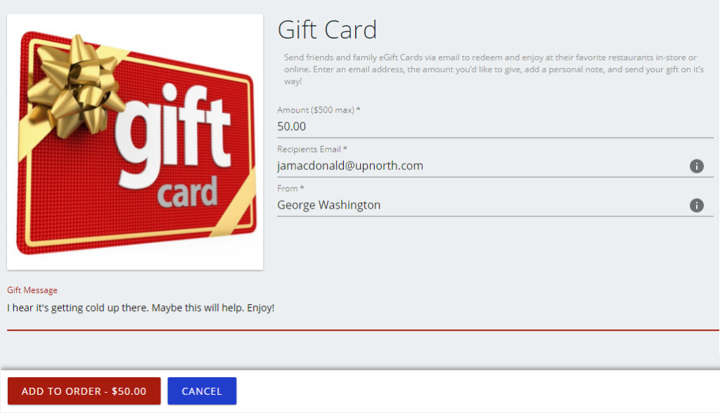 Global Restaurant Online Ordering eGift Virtual Gift Card